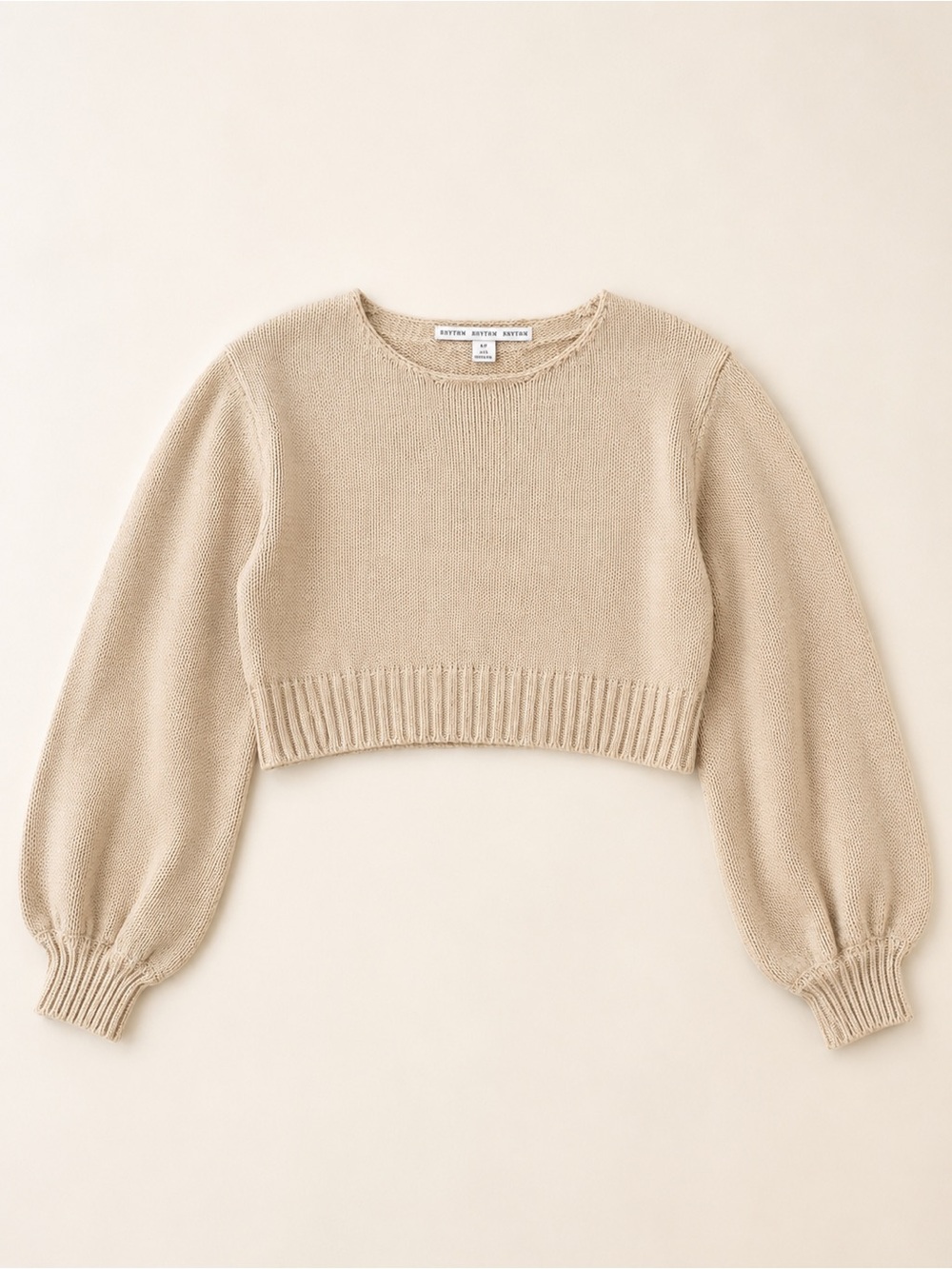 HYFVE Beige Cropped Crewneck Sweater with Balloon Sleeves
